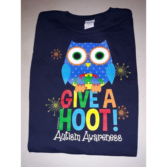 Autism Awareness Give A Hoot Gildan Heavy Cotton T-Shirt Small Youth Unisex - Picture 1 of 2